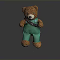 Cute Brown Stuffed Teddy Bear Wearing Green Overalls With Chest Badge