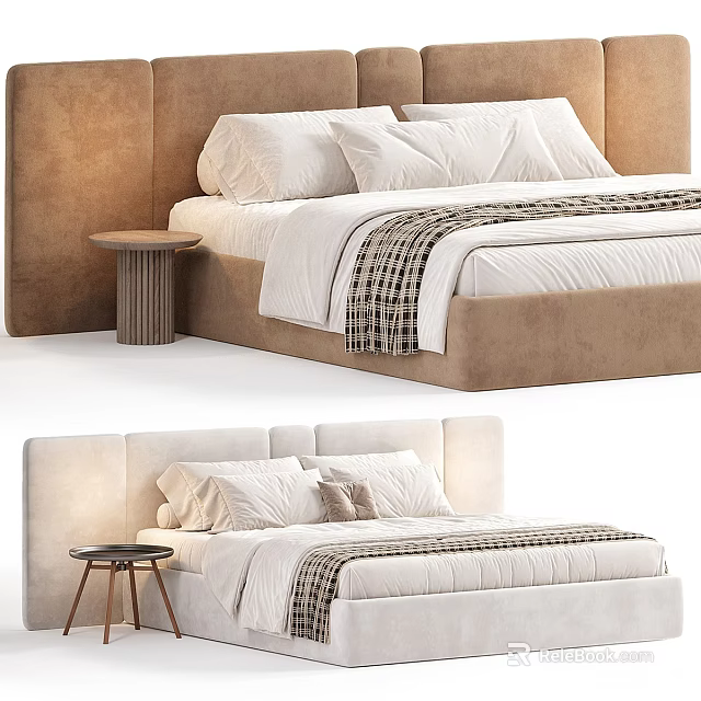 Modern Double Bed With Brown Upholstered Headboard White Bedding Plaid Blanket And Side Table 3d model 