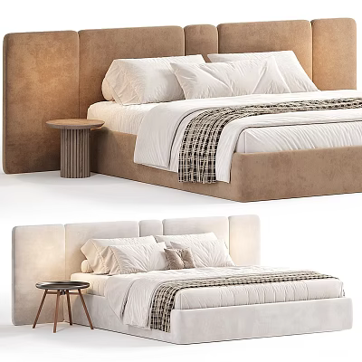Modern Double Bed With Brown Upholstered Headboard White Bedding Plaid Blanket And Side Table 3d model