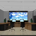 Modern Monitoring Room Interior With Large Screen Multiple Monitors Control Desk And Office Chairs