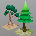 Cartoon Style Low Poly Trees With Different Green Foliage On Sandy And Grass Patches