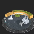 Modern Circular Water Fountain Design With Green Plants And Water Ripples