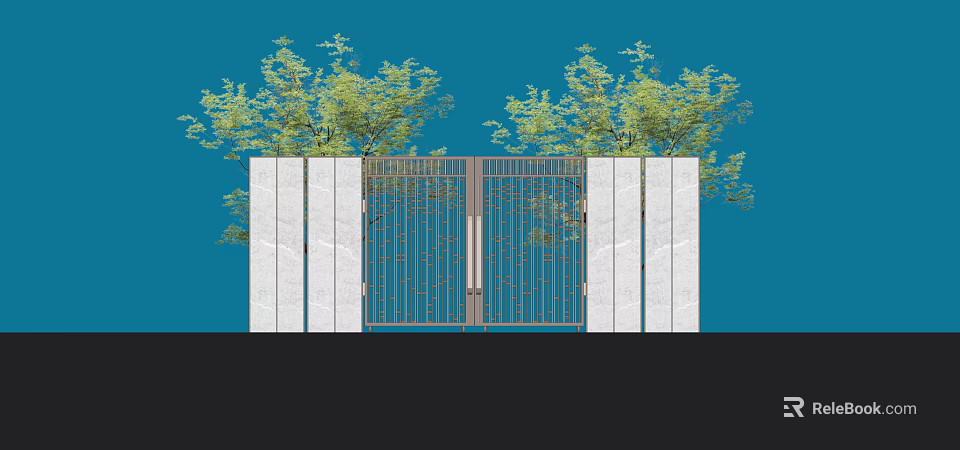 Modern Entrance Gate With White Stone Walls And Green Trees In Blue Background 3d model 