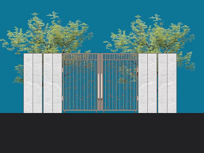 Modern Entrance Gate With White Stone Walls And Green Trees In Blue Background 3d model