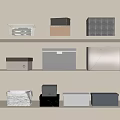 Organized Shelves Displaying Various Storage Boxes and Woven Baskets