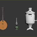 Orange String Instrument Green Oil Lamp And Silver Samovar On Reflective Black Surface