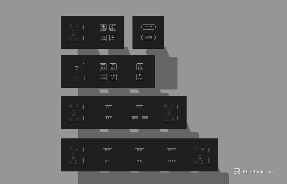 Modern Black Switch Panels With Various Switches Sockets And Layout Designs 3d model 