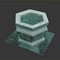 Hexagonal Stone Flower Pot With Carved Patterns On Square Black Base And Mulch Inside