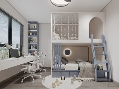Modern Kids Room With Bunk Bed Desk Chair And Bookshelf 3d model
