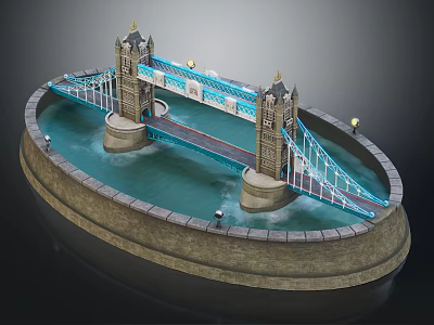 London Tower Bridge Scale Model Scene With Stone Towers Water Area And Lamp Posts 3d model