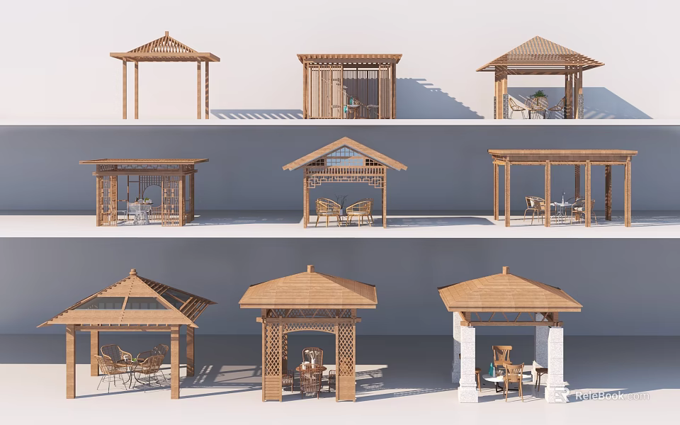 Various Wooden Pavilion Designs For Outdoor Garden With Seating And Tables 3d model 
