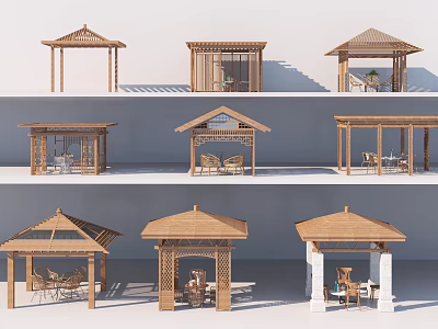 Various Wooden Pavilion Designs For Outdoor Garden With Seating And Tables 3d model