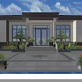 Chinese Style Detached Villa Exterior With Main Door Steps And Green Plants