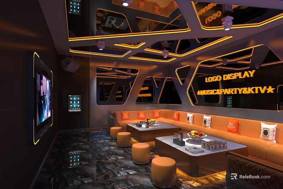 Modern Luxury KTV Interior Design With Stylish Lighting Sofa TV Fruits And Wine Glasses 3d model 