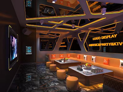 Modern Luxury KTV Interior Design With Stylish Lighting Sofa TV Fruits And Wine Glasses 3d model