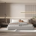 Modern Bedroom Interior With Striped Accent Wall Platform Bed And Floor to Ceiling Window 3d model