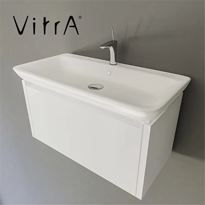 Modern White Washbasin Cabinet Design With Chrome Faucet On Gray Wall 3d model