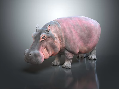 Pinkish Gray Hippopotamus Standing On Dark Background With Shiny Skin And Reflection 3d model