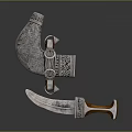 Traditional Decorative Weapon With Ornate Blade Wooden Handle And Metallic Accents