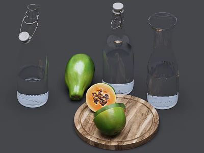 Fresh Green Papaya Cut Open on Wooden Tray With Glass Bottles in Background 3d model