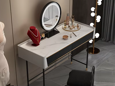 Modern Dressing Table With White Marble Top Round Mirror Cosmetics Jewelry And Gold Floor Lamp 3d model