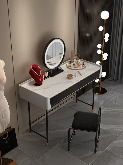 Modern Dressing Table With White Marble Top Round Mirror Cosmetics Jewelry And Gold Floor Lamp 3d model
