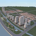 Modern High Rise Residential Buildings With Waterfront Green Grass And Blue Sky