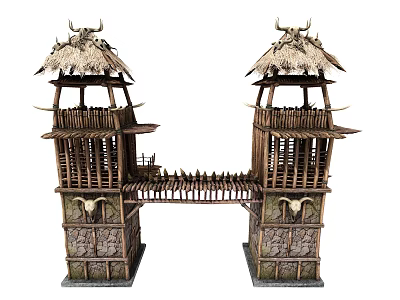 Traditional Twin Tower Model With Thatched Roof Wooden Structure Buffalo Horn Decorations And Stone Base 3d model
