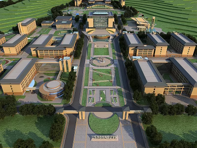 Modern School Buildings Campus Layout With Central Green Space And Surrounding Trees 3d model