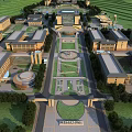 Modern School Buildings Campus Layout With Central Green Space And Surrounding Trees 3d model