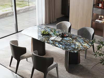 Modern Luxury Natural Marble Dining Table Set With Stylish Comfortable Upholstered Fabric Dining Chairs 3d model