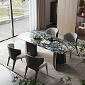 Modern Luxury Natural Marble Dining Table Set With Stylish Comfortable Upholstered Fabric Dining Chairs