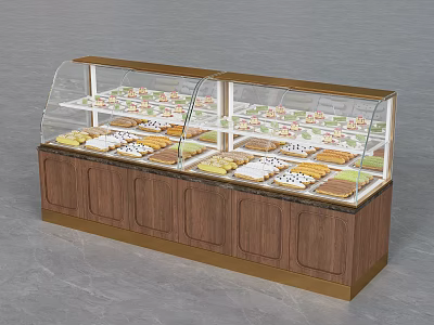 Wooden Display Cabinet with Glass Cover Holding Various Pastries and Desserts 3d model