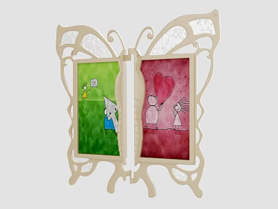 Butterfly Shaped Frame Displaying Children's Drawings With Green And Red Backgrounds 3d model