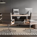 Modern Office Interior Design With Desk Ergonomic Chairs Bookshelf And Hanging Lamp