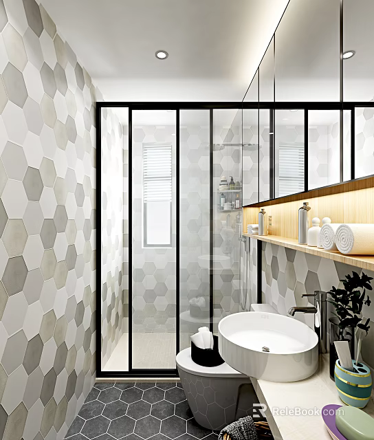 Modern Bathroom Sink With Hexagonal Tile Walls Glass Shower Mirror Shelf Towels Toiletries And Plant 3d model 