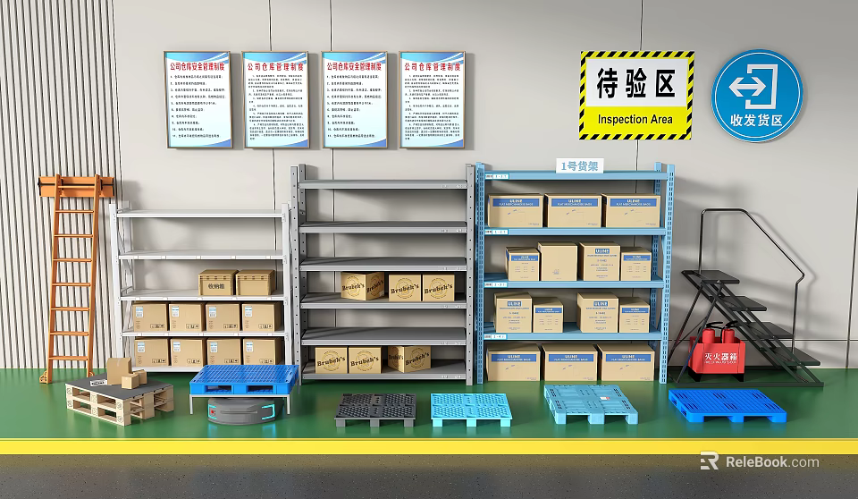 Warehouse Inspection Area With Shelves Boxes Pallets And Fire Extinguisher 3d model 