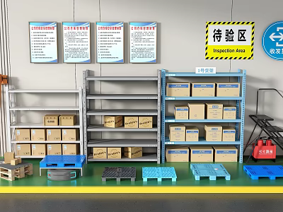 Warehouse Inspection Area With Shelves Boxes Pallets And Fire Extinguisher 3d model