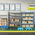 Warehouse Inspection Area With Shelves Boxes Pallets And Fire Extinguisher 3d model