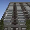Modern High Rise Residential Building Exterior Design With Glass Balconies And Green Trees