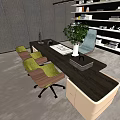 Modern Office Desk Setup With Bookshelf Books Decorative Items And Ergonomic Chairs