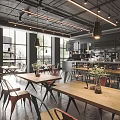 Bright Modern Café Interior With Large Windows Wooden Tables And Pendant Lights