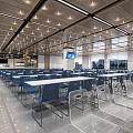 Spacious Dining Hall Interior With White Tables Blue Chairs Ceiling Lights And Digital Screens 3d model