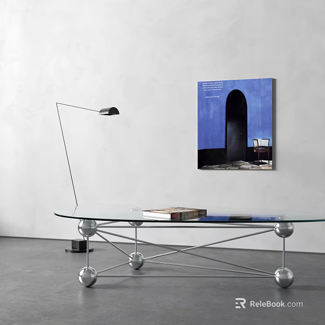 Glass Coffee Table With Metal Base Spherical Accents And Books Near Blue Wall Art 3d model 