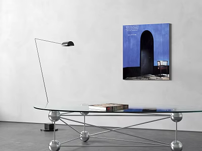 Glass Coffee Table With Metal Base Spherical Accents And Books Near Blue Wall Art 3d model