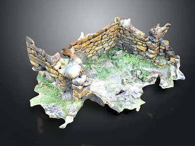 Scenic Ruined Stone Wall Landscape With Grass Covered Ground And Broken Structures 3d model