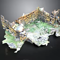 Scenic Ruined Stone Wall Landscape With Grass Covered Ground And Broken Structures