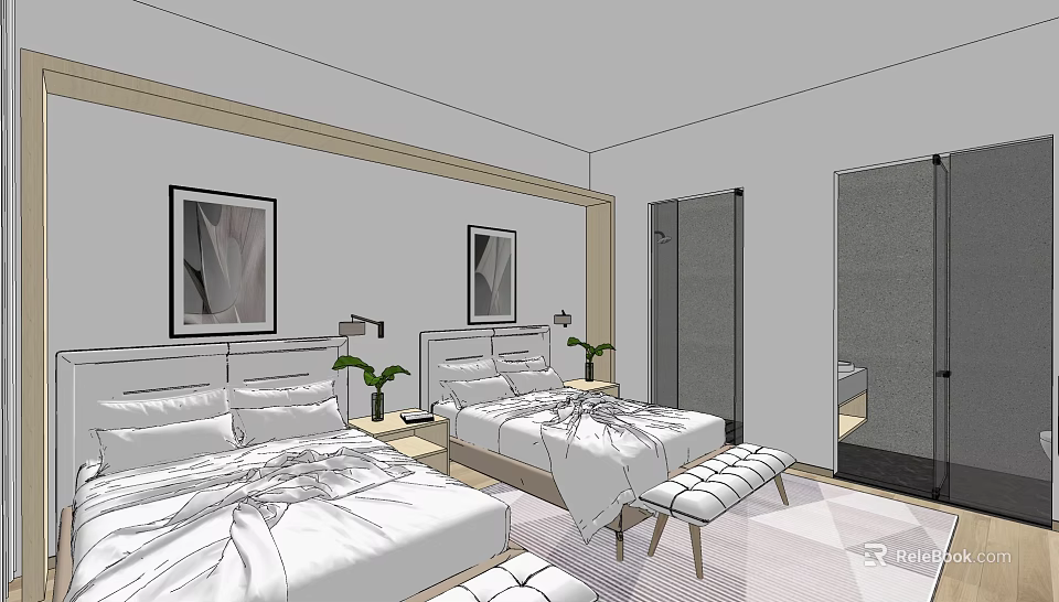Hotel Guest Room With Two Double Beds Bedside Tables Lamps Framed Pictures Bench And Rug 3d model 