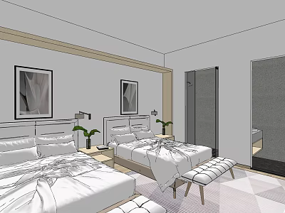 Hotel Guest Room With Two Double Beds Bedside Tables Lamps Framed Pictures Bench And Rug 3d model