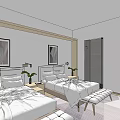 Hotel Guest Room With Two Double Beds Bedside Tables Lamps Framed Pictures Bench And Rug